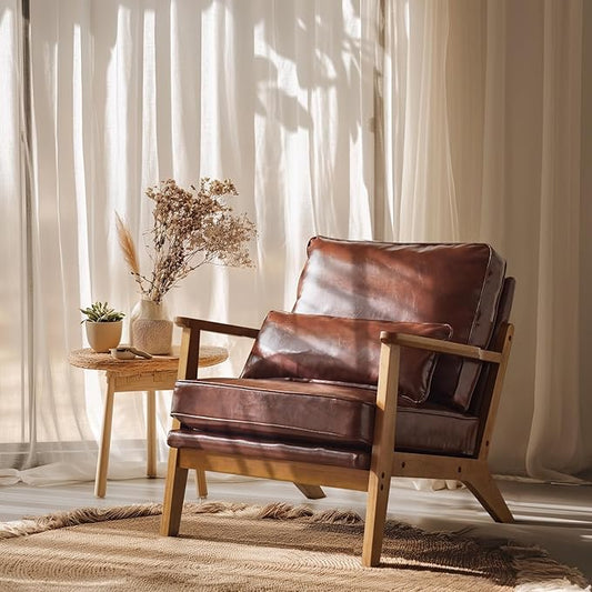 VINGLI Solid Wood Wide Armrests Accent Chair,Upholstered Mid Century Modern Chair with Pillow,Comfy Reading Chair Farmhouse Arm Chair,Chairs Living Room,Bedroom,Guest Room,PU Leather,Dark Brown