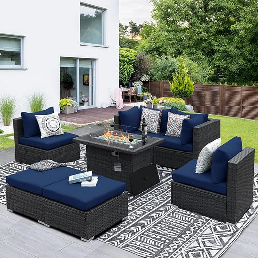 NICESOUL 7 Piece Outdoor Sectional Sofa Set with Firepit Natural Gas & Propane Convertible, Oversized Deep Seating Patio Furniture for Tall Person, 2 Color Cushion Navy & Gray for Easy Maintenance