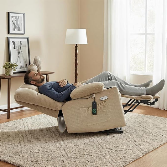 MCombo Dual Motor Power Lift Recliner Chair with Massage and Heat for Elderly People, Infinite Position, USB Ports, Cup Holders, Fabric 7679 (Medium, Beige)