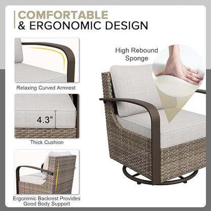 COOS BAY Aurora Terrace Half-Moon Outdoor Furniture Set, Rattan Conversation Set with Swivel Rockers, Curved 4-Seat Sofa, Coffee Table & Side Table, Seats 6, Beige/Beige