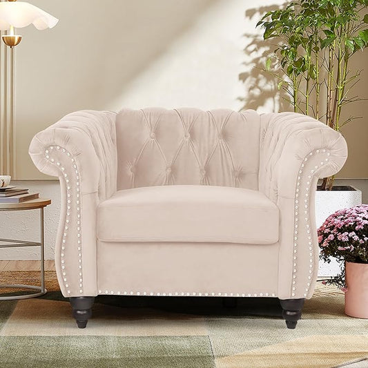 Accent Sofa Chair for Living Room, Mid Century Modern Velvet Upholstered Armchair, Oversized Comfy Single Couch Chair with Cushion, Tufted Chesterfield Sofa Couch for Home, Bedroom, Apartment (Beige)