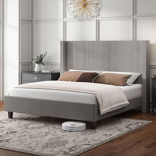 HOWE Queen Size Upholstered Platform Bed Frame, Wingback Bed with 50.8" Headboard, Corduroy/Solid Wood Leg/No Box Spring Needed/Noise Free/Taupe