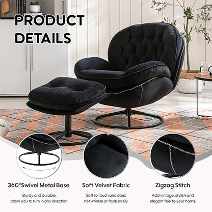 Set of 2 360° Swivel Modern Velvet Accent Chair with Ottoman | Mid-Century Button Tufted Lounge Chair for Living Room & Bedroom, Black