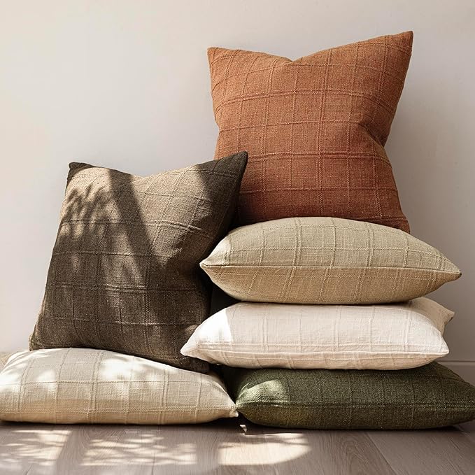 Foindtower Set of 2 Decorative Linen Check Throw Pillow Covers Neutral Farmhouse Vintage Cushion Covers Modern Boho Home Decor for Sofa Chair Couch Bedroom Living Room,24×24 Inch,Orange