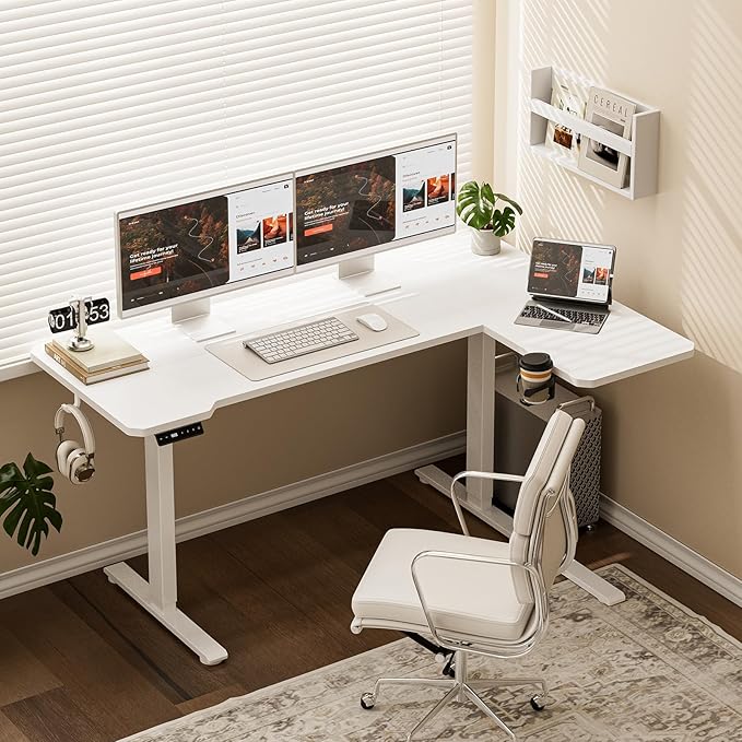 59 Inch L Shaped Standing Desk Adjustable Height, Electric Corner Standing Desk, Sit Stand Computer Table with Reversiable Splice Board,White