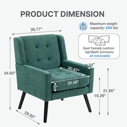 Mid-Century Modern Accent Chair Set of 2, Plush Linen Fabric with Button Tufted High Back & 5" Thick Cushion, High Comfort Reading Chair for Living Room, Bedroom, Office (Green)