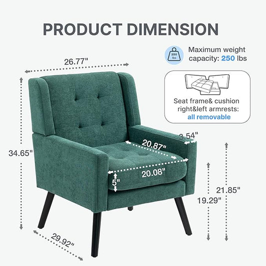 Mid-Century Modern Accent Chair Set of 2, Plush Linen Fabric with Button Tufted High Back & 5" Thick Cushion, High Comfort Reading Chair for Living Room, Bedroom, Office (Green)
