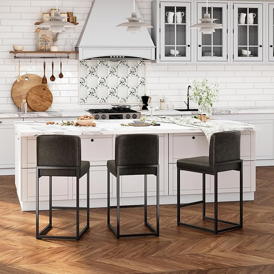 ALPHA HOME 24 Inch Bar Stools Set of 3, Kitchen Counter Stools with Backs, PU Leather Barstools, Kitchen Stools with Back&Upholstered Footrest, Sturdy Chromed Metal Steel Frame, Grey