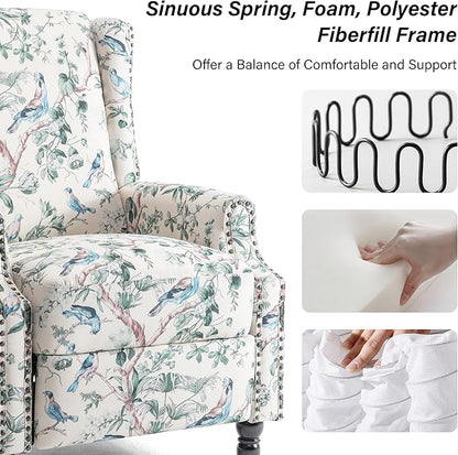 Recliner Chair, Upholstered Wingback Floral Pushback Armchair with Adjustable Backrest & Footrest, Comfy Accent Chair Reading Single Sofa for Small Spaces, Living Room, Bedroom (Bird, Set of 2)