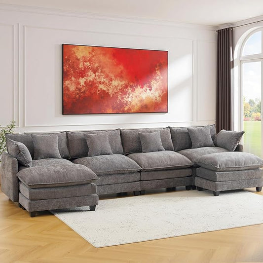 U-Shaped Cloud Chenille Sectional with 2 Ottomans, 146" Modular Sofa for Large Spaces, Ultimate Comfort with Deep Seats & Pillows, Solid Frame, 1YR Warranty