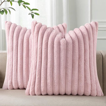 Pallene Faux Fur Plush Throw Pillow Covers 24x24 Set of 2, Luxury Soft Fluffy Striped Decorative Pillow Covers for Sofa, Couch, Living Room, Blush Pink