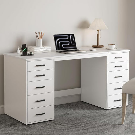 WOPITUES 60" Modern Home Office Desk with 10 Wooden Drawers, Computer Writing Desk with Power Outlets, Large Executive Desk with Storage Cabinet for Work Study Writing Craft, Pure White