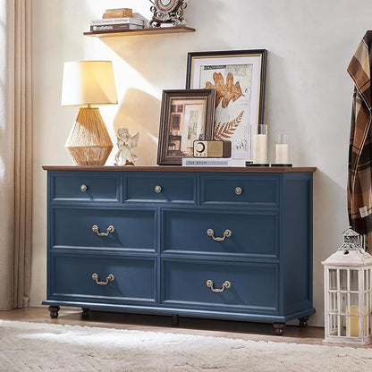 Bedroom Sets, 54" Wide 7 Drawers Dresser and 37" Tall 4 Drawers Dresser, Wooden 2 Piece Bedroom Furniture Set, Chest of Drawer for Bedroom, Home, Living Room, Hallway, Navy Blue
