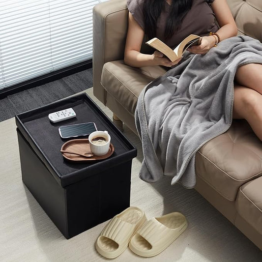AmasSmile Storage Ottoman Folding Foot Rest Stool, Leather Footstool Bench, Short Ottoman Stool, Storage Foot Rest Store, Books (Black-2pc, 17" D x 13" W x 13" H)