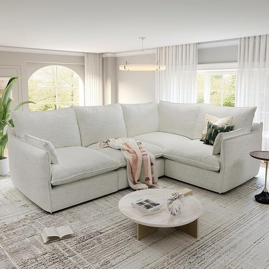 Cloud Modular Sectional Sofa, Waterproof Down Filled Sectional Sofas, High Backrest 4 Seater Sectional Couches for Living Room, Modern Modular Couch with Removable Cover, Cream White