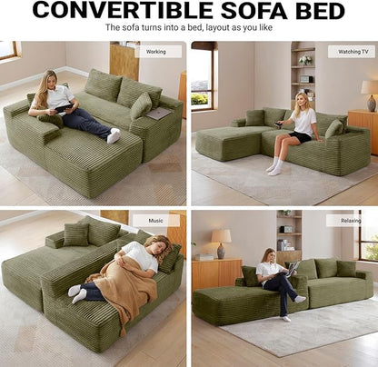 95 Inch Cloud Sectional Couch,Modular Sectional Sofa with Deep Seat,Modern Corduroy Boneless Couches with L-Shape Chaise for Living Room Bedroom,No Assembly Required (Green, Left Facing Chaise)