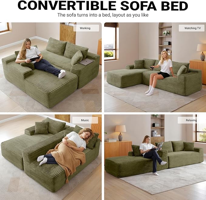 108 Inch Cloud Sectional Couch,Modern Modular Sectional Sofa with Deep Seat,Corduroy Boneless Couches with L-Shape Chaise for Living Room,No Assembly Required (Green, Left Facing Chaise + Ottoman)