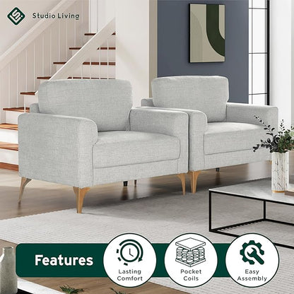 Studio Living® Matthew 39.8" Arm Chair, Mid-Century Modern, Pocket Coil Comfort, Metal Brushed Bronze Legs, Chenille Fabric, Ivory