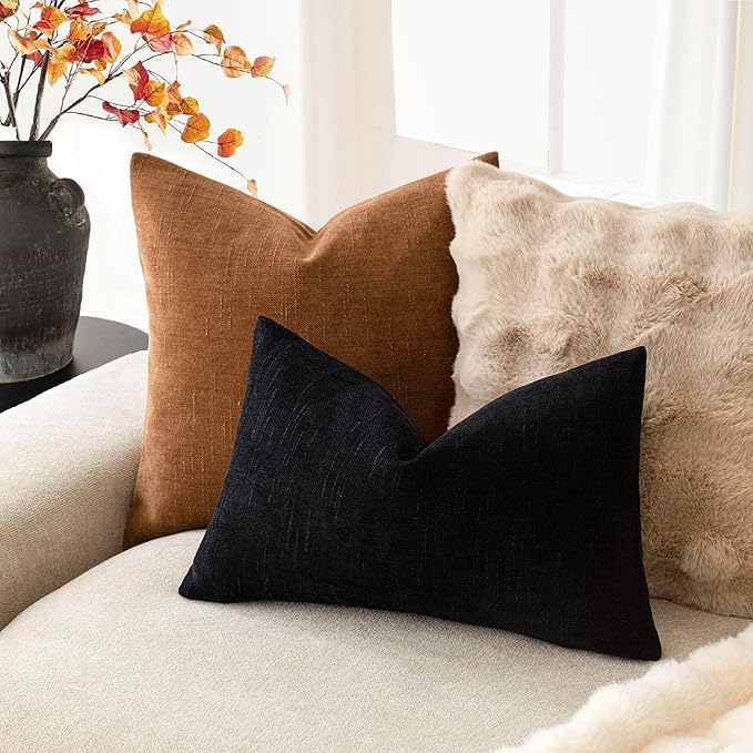 Foindtower Pack of 2 Soft Textured Chenille Throw Decorative Pillow Covers Lumbar Accent Solid Cushion Cover Cozy Farmhouse Pillow Case with Zipper for Couch Sofa Bedroom Living Room 12x24 Inch, Black