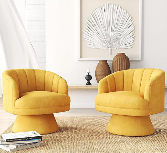 Swivel Accent Chair Set of 2,Upholstered Velvet 360° Swivel Barrel Chair for Living Room Overstuffed Bouncle Reading Chair Round Armchair for Bedroom,Vanity,Office (Mustard)