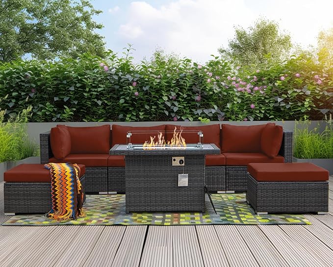NICESOUL 7 Piece Oversized Patio Furniture Sofa Set with Fire Pit Table Propane Natural Gas Convertible, 29.3'' High Back Sturdy Outdoor Conversation for Heavy People, 2 Color Cushion Wine & Gray