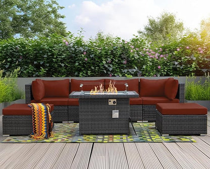 NICESOUL 7 Piece Oversized Patio Furniture Sofa Set with Fire Pit Table Propane Natural Gas Convertible, 29.3'' High Back Sturdy Outdoor Conversation for Heavy People, 2 Color Cushion Wine & Gray