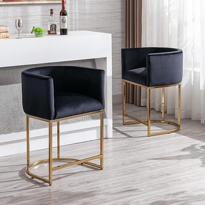 Contemporary Black Velvet Bar Stools Set of 3, 24" Upholstered Fabric Counter Height Barstools Kitchen Counter Island Stools with Screwed Together Golden Metal Base