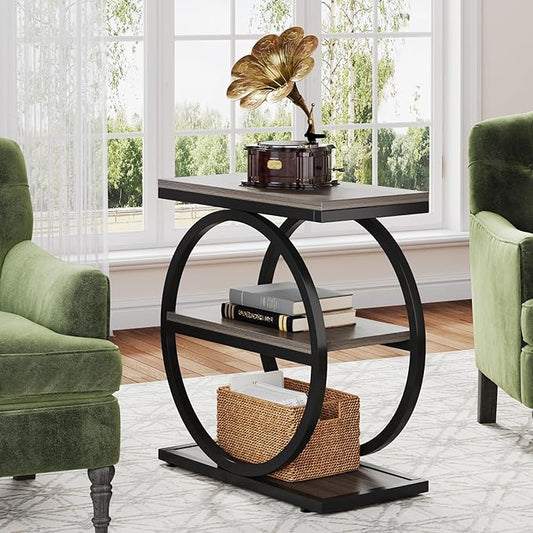 LITTLE TREE 3-Tier End Table Set 2, Grey Side End Table with Storage Shelves, Small Sofa Side Table for Living Room, Slim Nightstand and Bedside Table with Black Double Round Metal Legs