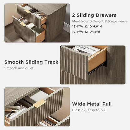 T4TREAM 23'' Fluted Nightstand Set of 2 with Charging Station, Large 2 Drawer Side Table, Modern End Table with Storage, Mid Century Bedside Table for Bedroom, Living Room, Curved Profile, Grey Alder