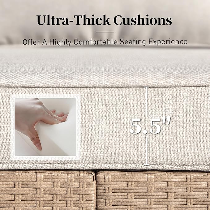 Patio Furniture Set 6 pcs, Wicker Rattan Sofa with 5.5" Thick Waterproof Cushions, 4 Chairs and Coffee Table, All Weather Outdoor Conversation Set for Backyard Deck, 7 Seats Beige