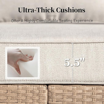 Patio Furniture Set 6 pcs, Wicker Rattan Sofa with 5.5” Thick Waterproof Cushions, 2 Chairs, 2 Ottomans and Coffee Table, All Weather Outdoor Conversation Set for Backyard Deck, 7 Seats Beige