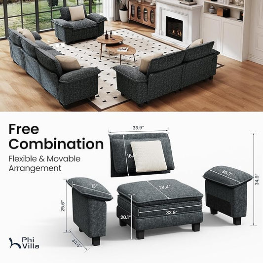 PHI VILLA Cloud Modular Couches Sets, 3 Pieces Large Sectional Sofa Set with Loveseats & Single Sofa, 6-Seater Upholstered Couch for Living Room, Chenille Fabric, Dark Cyan