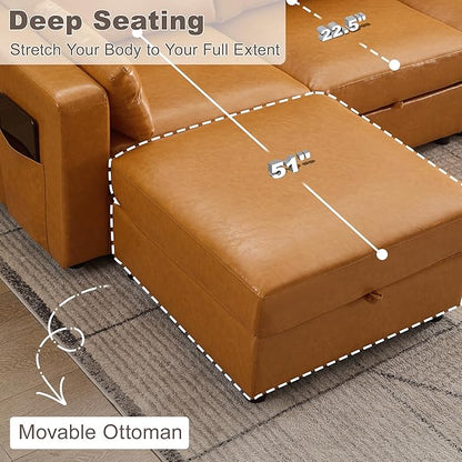 41.1" Accent Storage Sofa Chair with Ottoman, Faux Leather Living Room Chaise Lounge Chair with Headrest & Side Pockets, Modern Upholstered Comfy Arm Chairs, Sleeper Sofa, Reading Club Chairs, Brown