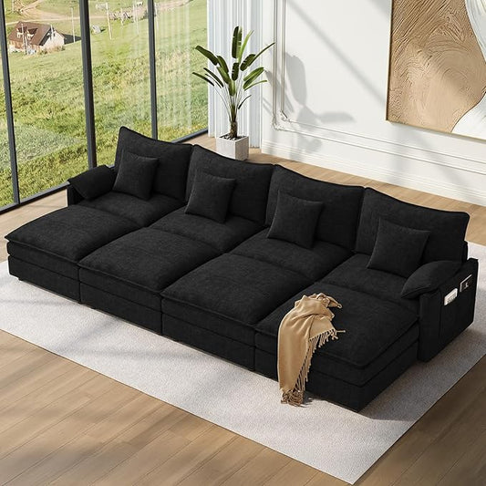 Vesgantti 142" Oversized Sectional Sofa Bed, 8-Seater Modular Sleeper Cloud Couch with Movable Ottoman, Chenille Convertible Sofa Set Deep Seat Couches for Living Room, Bedroom and Apartment, Black