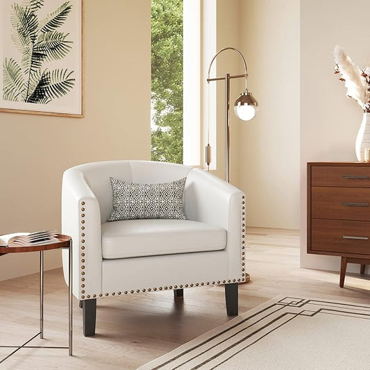 BELLEZE Accent Barrel Chairs Set of 2, Modern Tub Club Chairs Upholstered Armchairs for Living Room, Faux Leather Chairs with Gold Nail Head Trim Black Legs - Kyara (White)