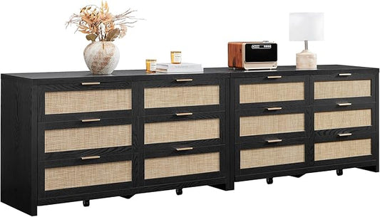 SICOTAS Rattan Dresser for Bedroom, 56.9" Wide 6 Drawer Dresser with Ample Storage, Wooden Dressers Large Chest of Drawers, Closet, Boho TV Stand for Bedroom (Black Oak, 2 Pieces)