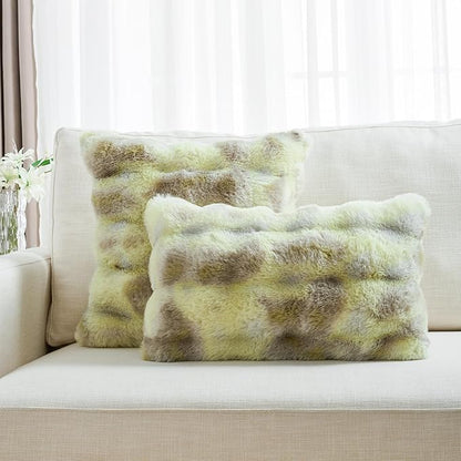 FUTEI Green White Decorative Throw Pillow Covers 24x24 Inch Set of 2,Soft Fuzzy Faux Rabbit Fur European Cushion Covers with Raised Texture,Neutral Boho Home Decor for Couch Bed Living Room