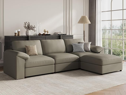 EASE MOOSE Leather Sectional Couch, Oversized Modular Sectional Sofas, Wide Deep Seat Modular Couch, Scratch Resistant Faux Leather Material, L Shaped Sofa for Big Spaces,Light Grey