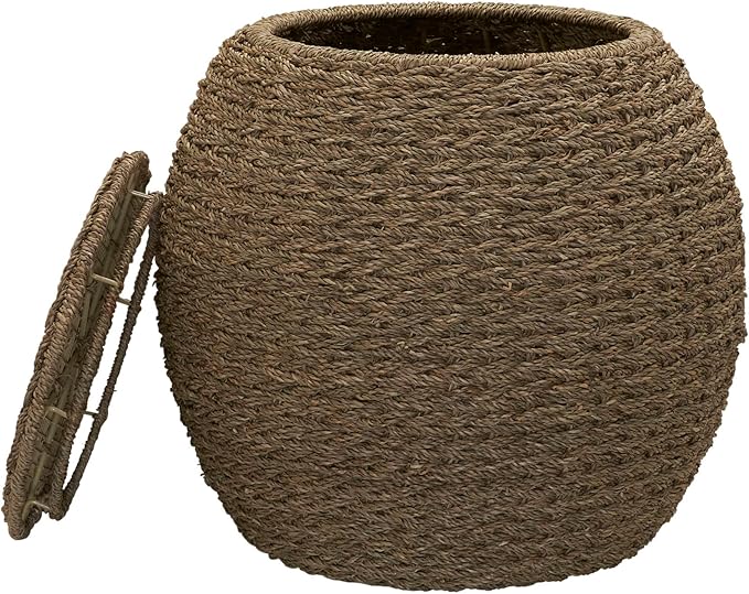 Household Essentials Handwoven Seagrass Barrel Wicker Storage Basket Side Table, Natural