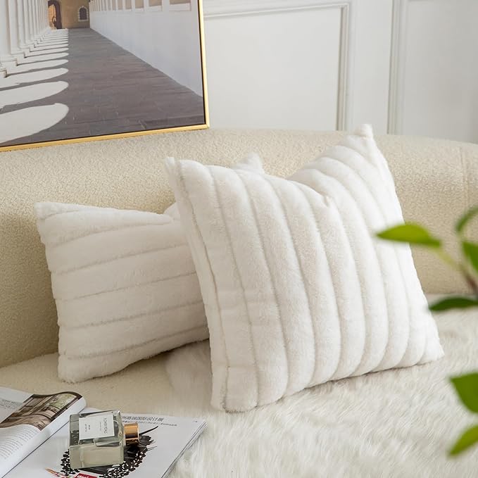 Pack of 2 Faux Fur Throw Pillow Covers 12x20 Inch Striped Decorative Soft Plush Couch Pillow Case Home Decor for Bed, Sofa, Living Room Cream White