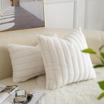 Pack of 2 Faux Fur Throw Pillow Covers 22x22 Inch Striped Decorative Soft Plush Couch Pillow Case Home Decor for Bed, Sofa, Living Room Cream White