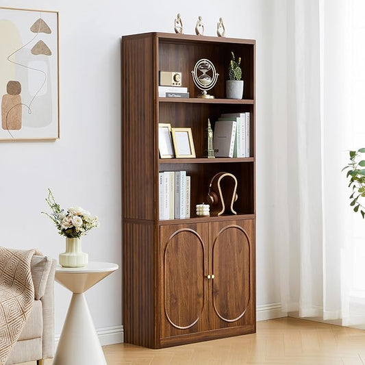 70.8" Tall Fluted Bookshelf with Storage Cabinet, Modern 5-Tier Wood Bookcase with Open Display Storage Shelf, Gold Handles for Office Living Room (Walnut)