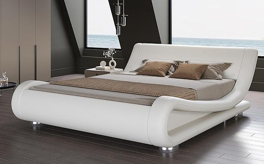 SHA CERLIN Queen Size Upholstered Bed Frame, Deluxe Low Profile Sleigh Bed with Faux Leather Ergonomics Headboard, No Box Spring Needed & Easy Assembly, White