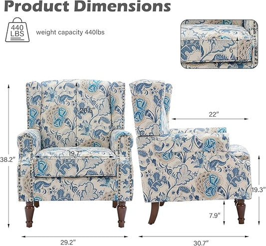 UIXE High Back Floral Accent Chair, Fabric Upholstered Armchair Wingback Arm Chair for Living Room, Nailhead Trim Single Sofa Bedroom Side Reading Seat with Retro Solid Wood Legs - Boho Blue