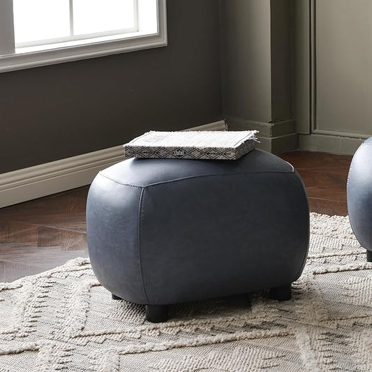 KINWELL 23" Wide Faux Leather Upholstered Ottoman, Mid-Century Modern Living Room Footrest with Soft Padded Seat, Footstool for Bedroom, Entryway or Living Room, Navy