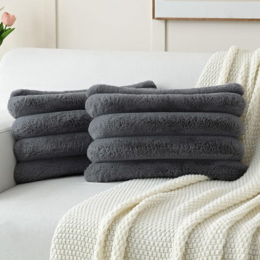 FUTEI Dark Grey Decorative Throw Pillow Covers 12x20 Inch Set of 2, Square Soft Faux Rabbit Fur Big Striped Cushion Cover,Home Decor for Couch Sofa Bed Living Room