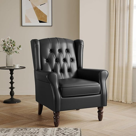 Lumibee High Back Accent Chair,Upholstered Faux Leather Wingback Armchair with Solid Wood Legs for Small Spaces,Comfy Single Sofa Chair for Living Room,Bedroom,Office-Black