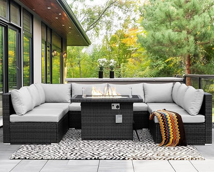 NICESOUL 29.3'' High Back Outdoor Patio Furniture Set with Firepit Natural Gas & Propane, 9 Piece Extra Large Conversation Set with Fire Pit Table, Modern Deep Wide Modular Wicker Sofa Couches, Gray