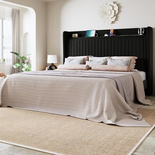 Allewie Queen Size Platform Bed Frame with USB Charging Station and Storage Shelf/Upholstered Velvet Wingback Headboard/Wooden Slats Support/No Box Spring Needed/Easy Assembly, Black