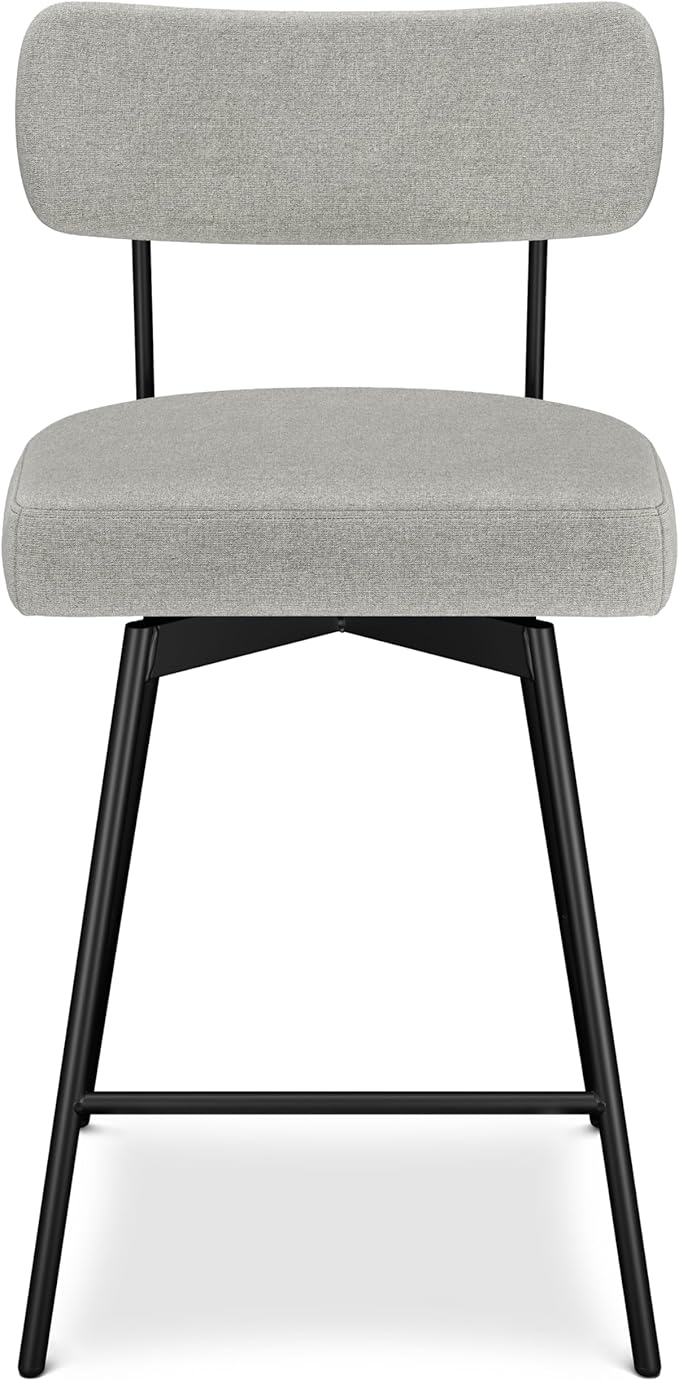 SIMPLIHOME Giselle Counter Stools (Set of 2) - 24 Inch Seat Height Swivel Upholstered Metal Kitchen Stools in Light Grey Polyester Linen, Contemporary Modern Seating with Padded Seat and Backrest